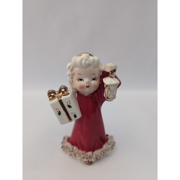 Vtg Christmas Angel Figurine Spaghetti Trim Lantern Present Fine A Quality Japan - Picture 2 of 7